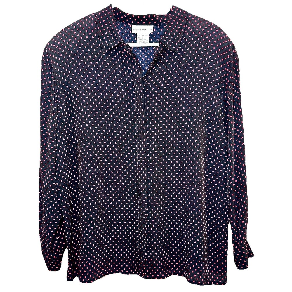 Rena Rowan 100% Rayon Blouse Womens 14 Navy Pink Geometric Button Front